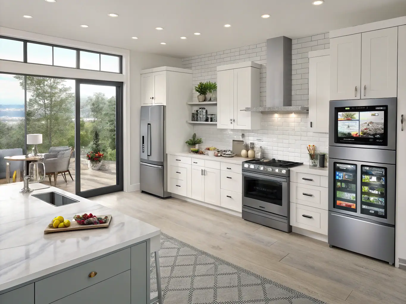 A well-equipped kitchen with smart appliances, voice-controlled assistants, and integrated security systems, representing the advanced features of a standard automation package.