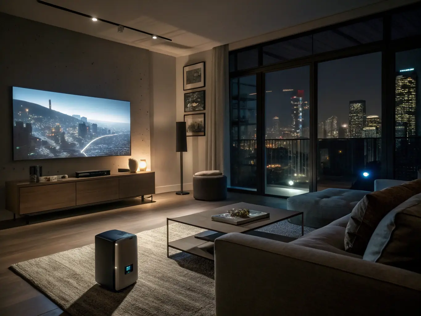 A modern living room showcasing integrated smart lighting, automated blinds, and a sleek control panel, illustrating the comfort and convenience of home automation.