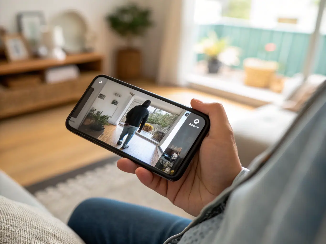 A security camera feed displayed on a smartphone, showing a clear view of the home's exterior, emphasizing the safety benefits of smart home automation.