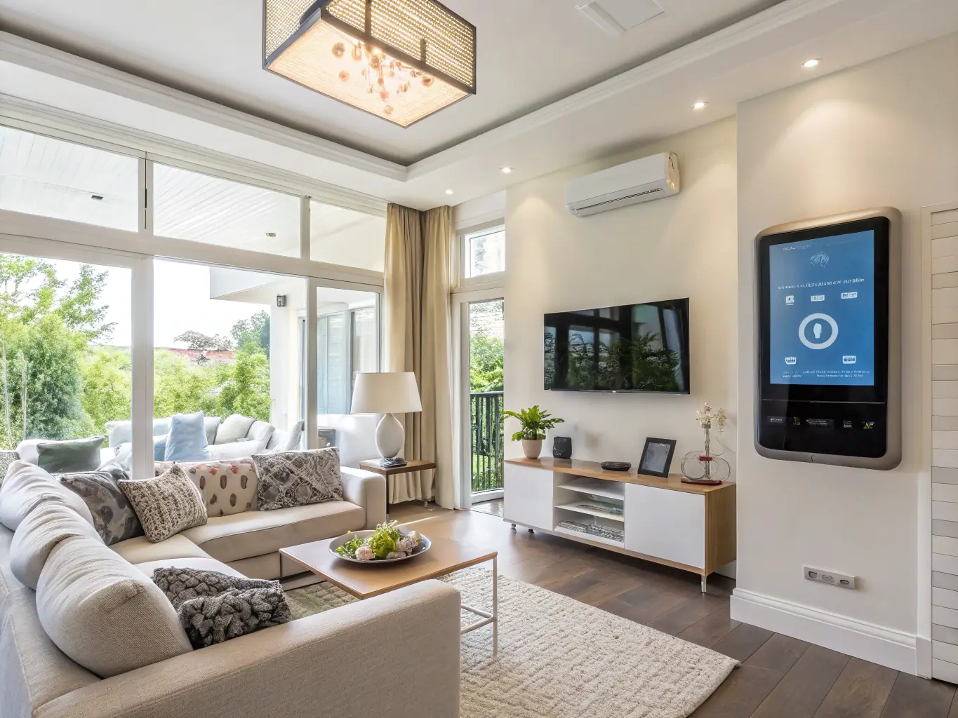 A modern living room showcasing smart lighting, automated blinds, and a sleek control panel, illustrating the convenience of a basic home automation package.