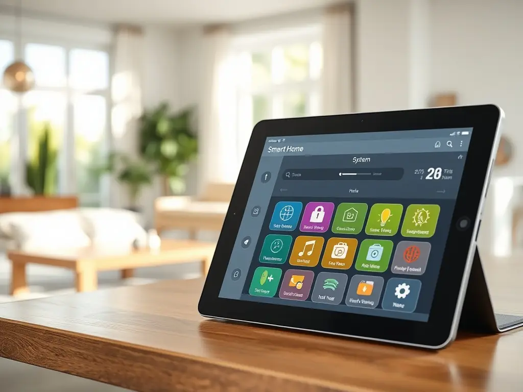 A smart thermostat interface on a tablet, displaying energy usage statistics and automated temperature settings, highlighting the efficiency of home automation.