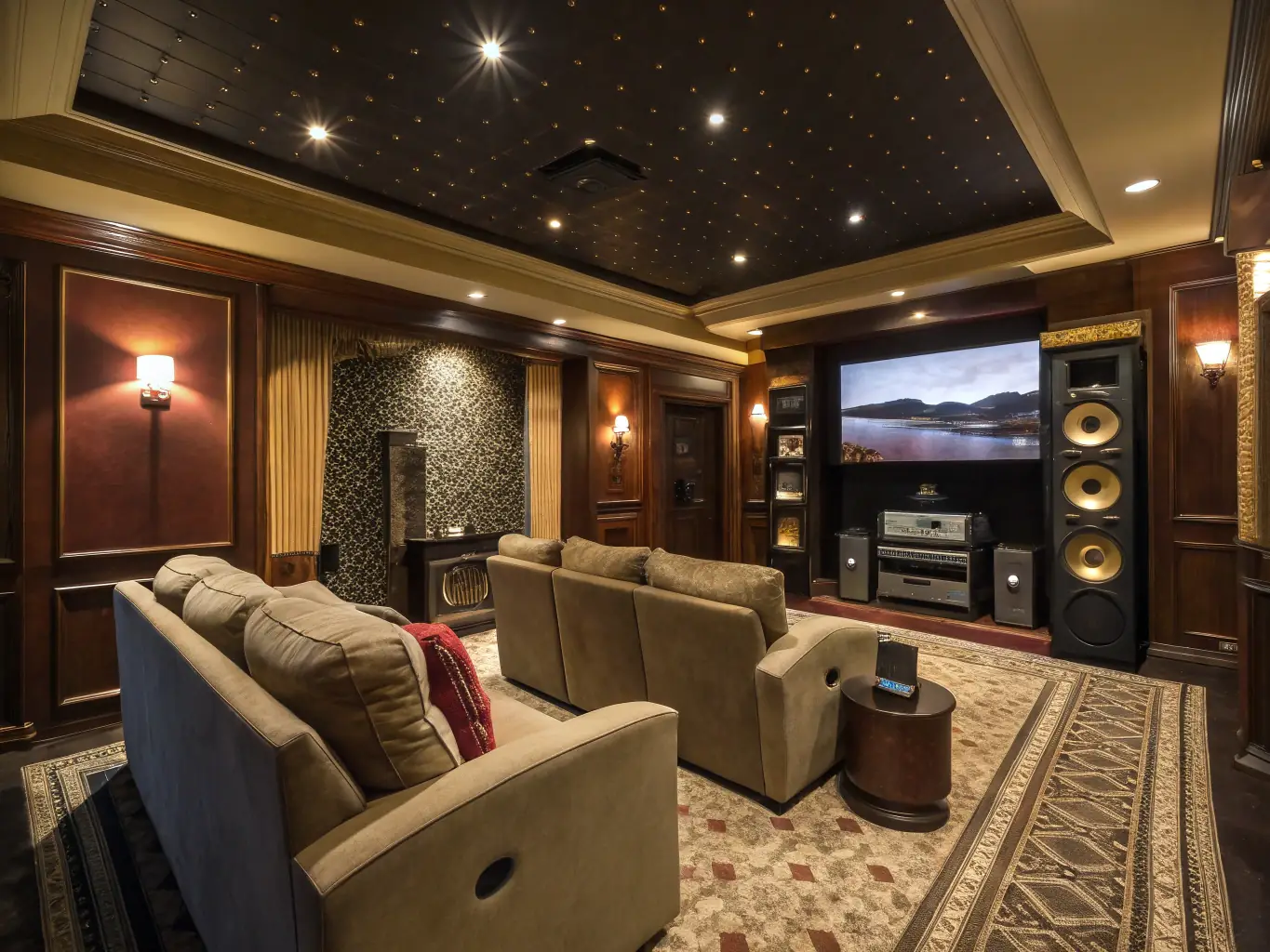 A luxurious home theater with automated lighting, sound systems, and climate control, demonstrating the comprehensive features of a premium home automation package.